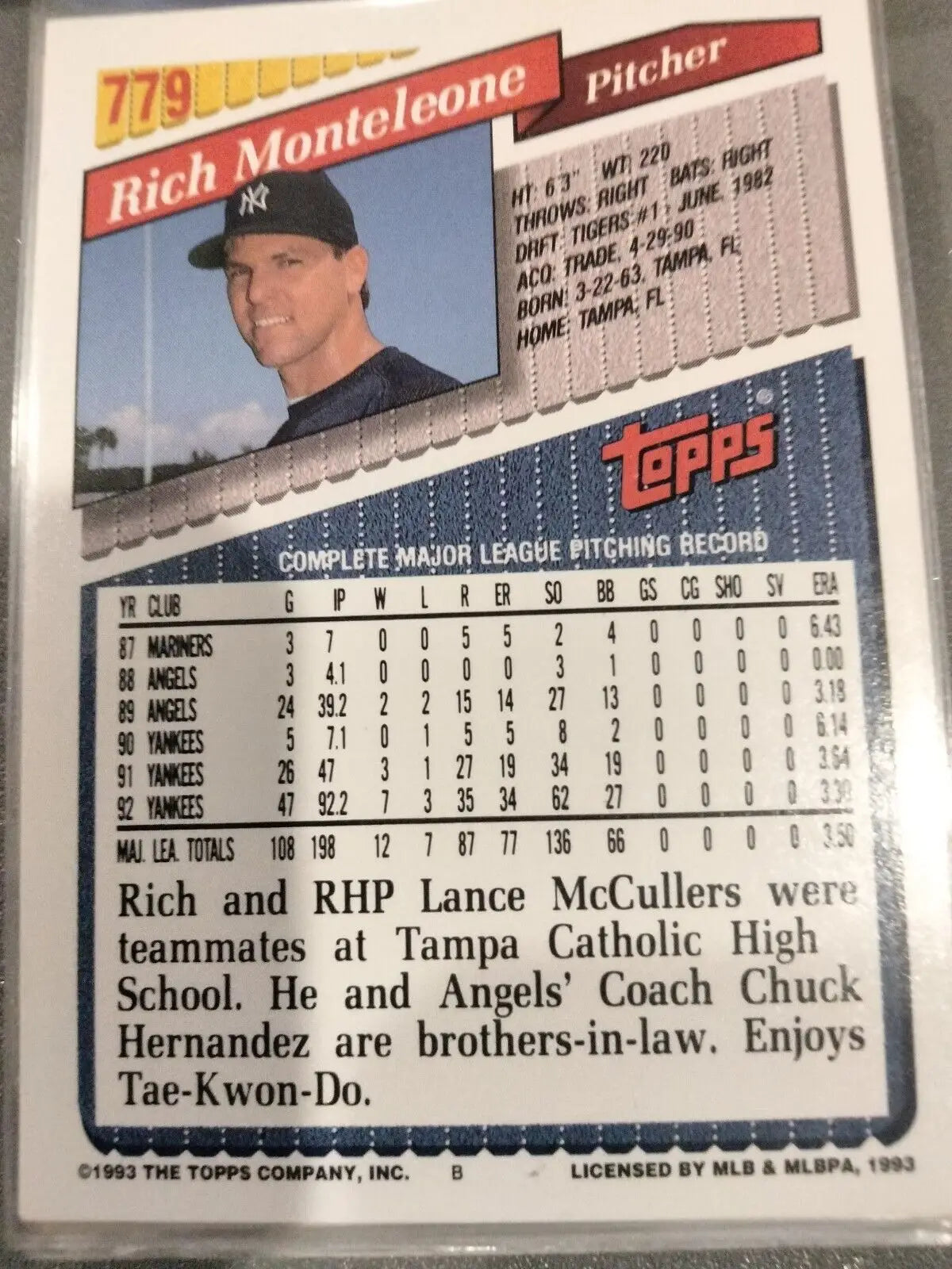 Rich Monteleone 1993 Topps #779 trading card featuring New York Yankees player