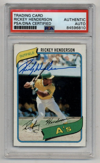 PSA-certified autographed Rickey Henderson 1980 Topps #482 in protective case for collectors