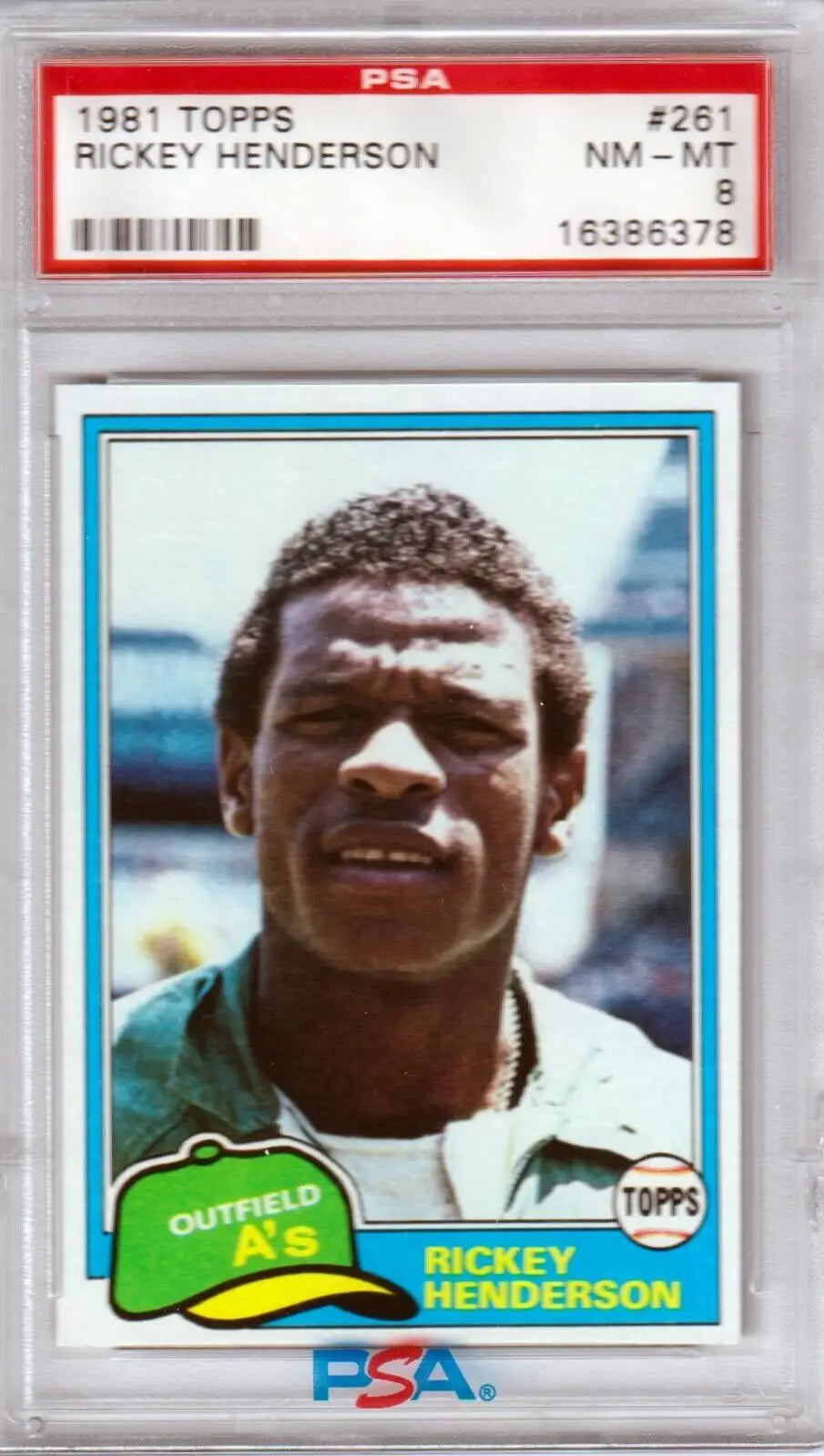 PSA-graded 1981 Topps Rickey Henderson single card Athletics white uniform Columbia Hobby