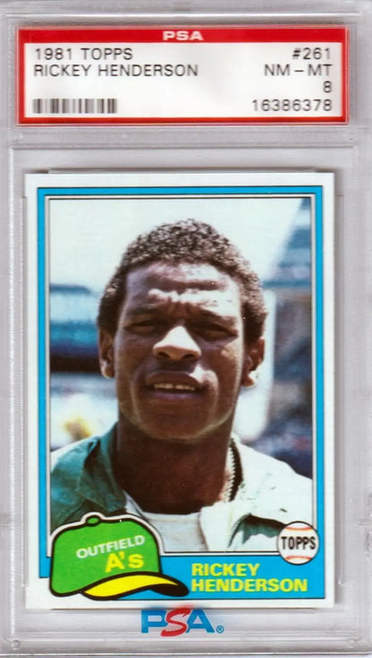 PSA-graded 1981 Topps Rickey Henderson single card Athletics white uniform Columbia Hobby