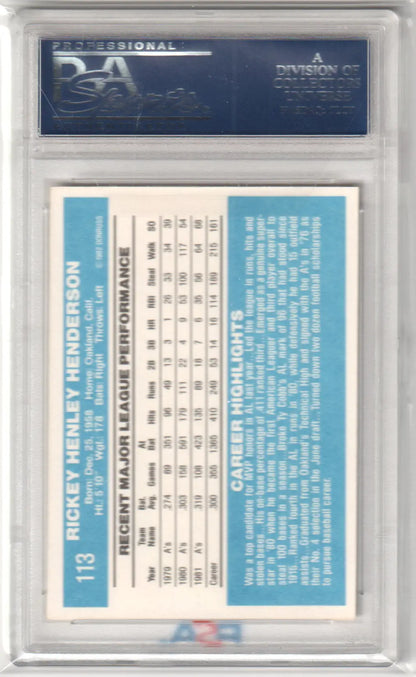 Graded Rickey Henderson 1982 Donruss trading card PSA 8 NM-MT from Columbia Hobby