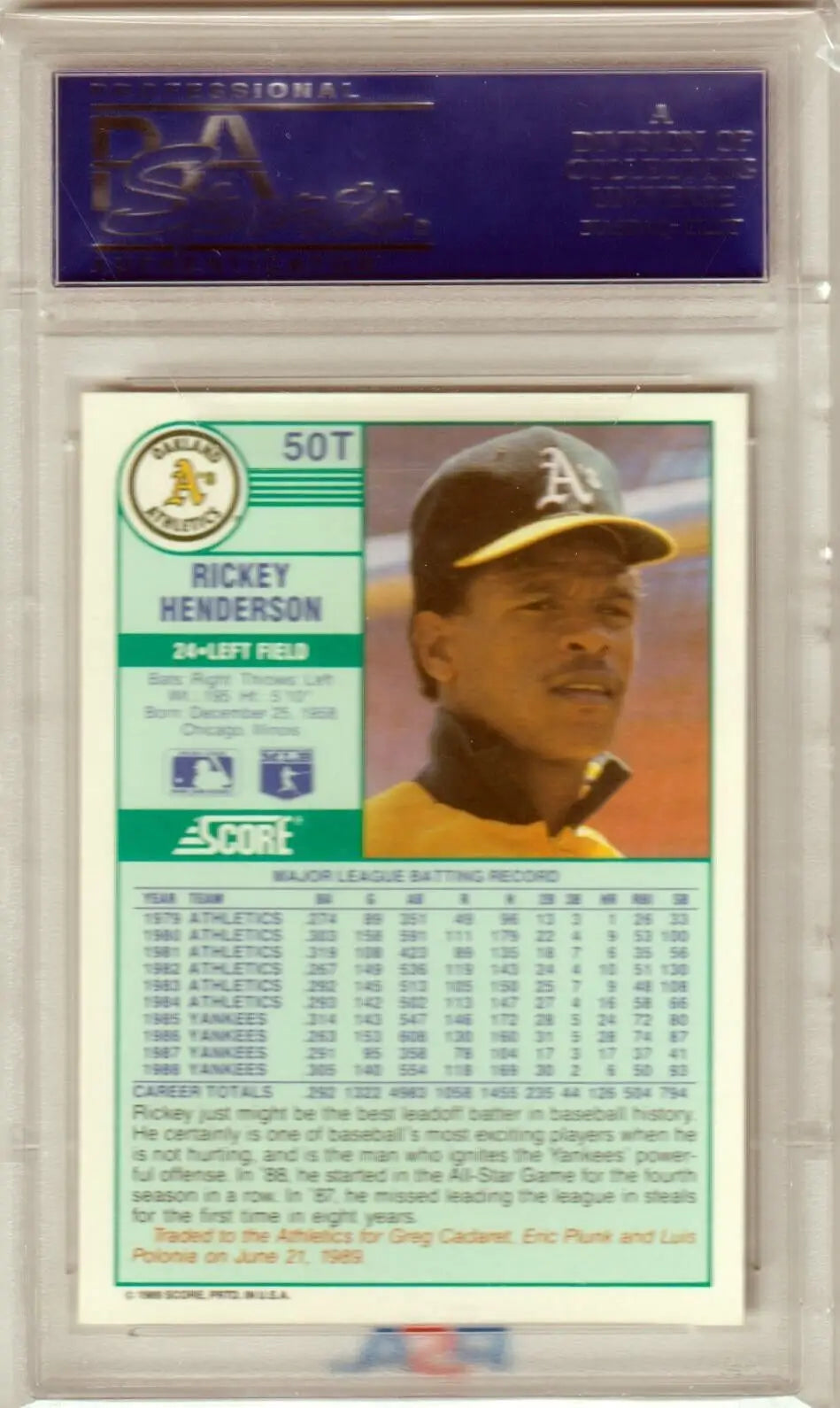 Rickey Henderson 1989 Score Traded baseball card for Oakland Athletics, single cards, PSA 10