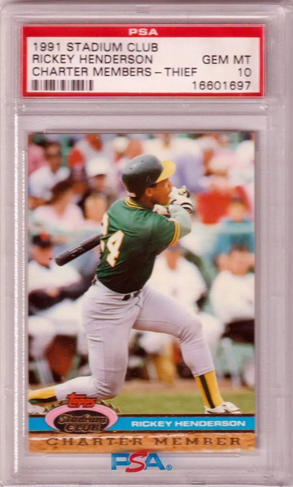 PSA 10 Gem Mint Rickey Henderson 1991 Stadium Club single card mid-swing in green jersey