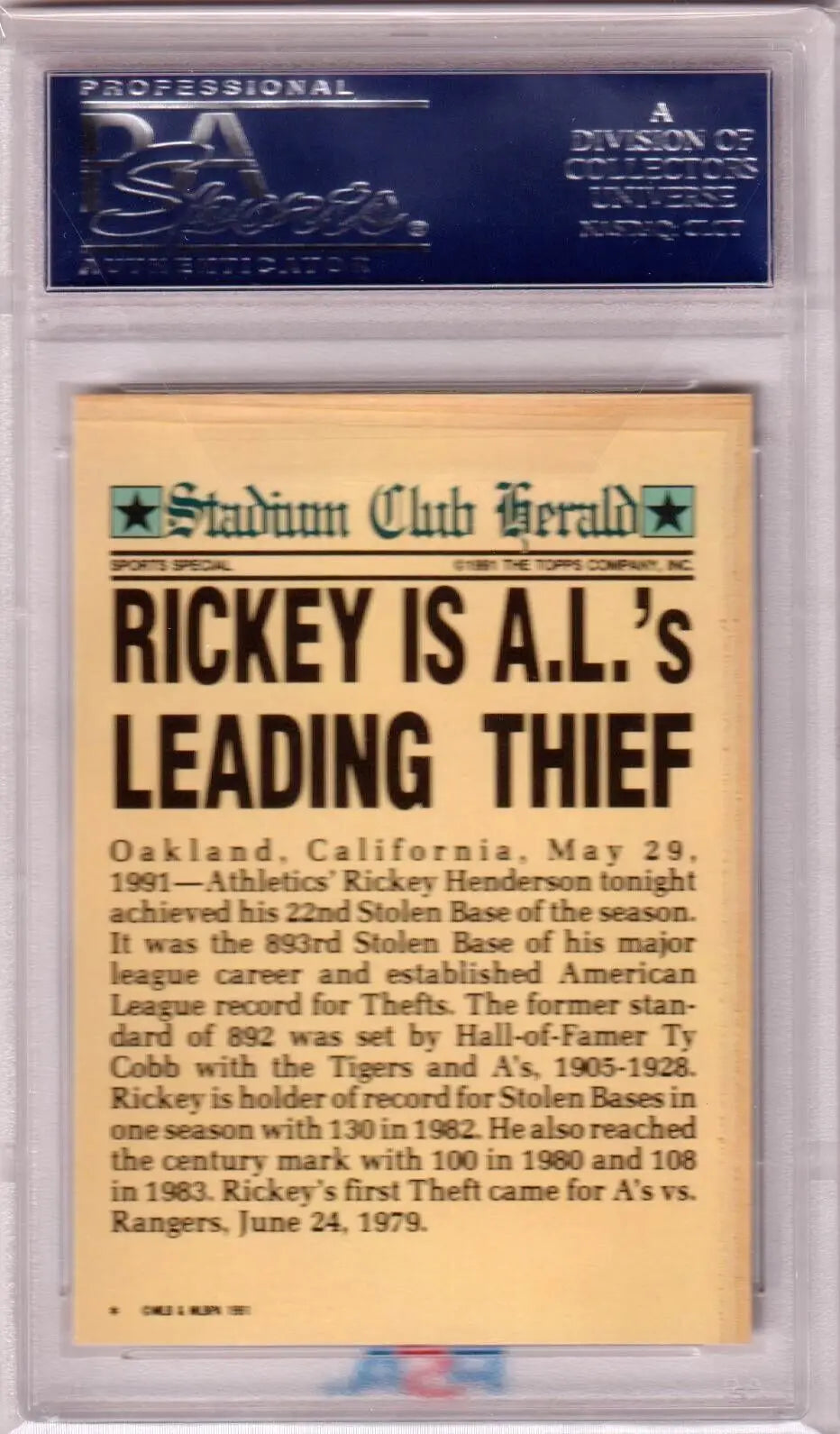 Vintage baseball newspaper clipping encased, featured in RICKEY HENDERSON PSA 10 single cards