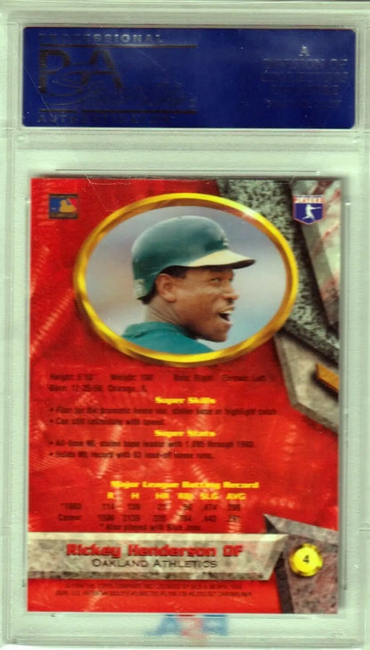 Baseball trading card featuring Rickey Henderson with red background and yellow frame