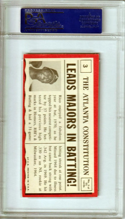 Vintage red and white newspaper headline card in holder for RICO CARTY 1971 Topps single cards