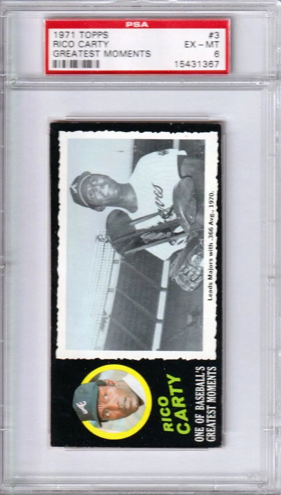 PSA-graded RICO CARTY 1971 Topps Greatest Moments #3 single card in protective holder