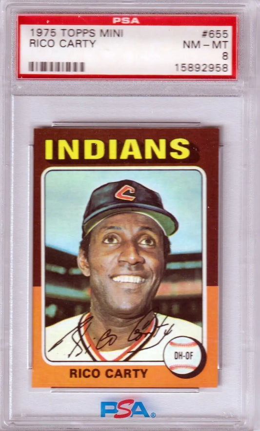 PSA-graded RICO CARTY 1975 Topps Mini Indians baseball card in protective case for sale