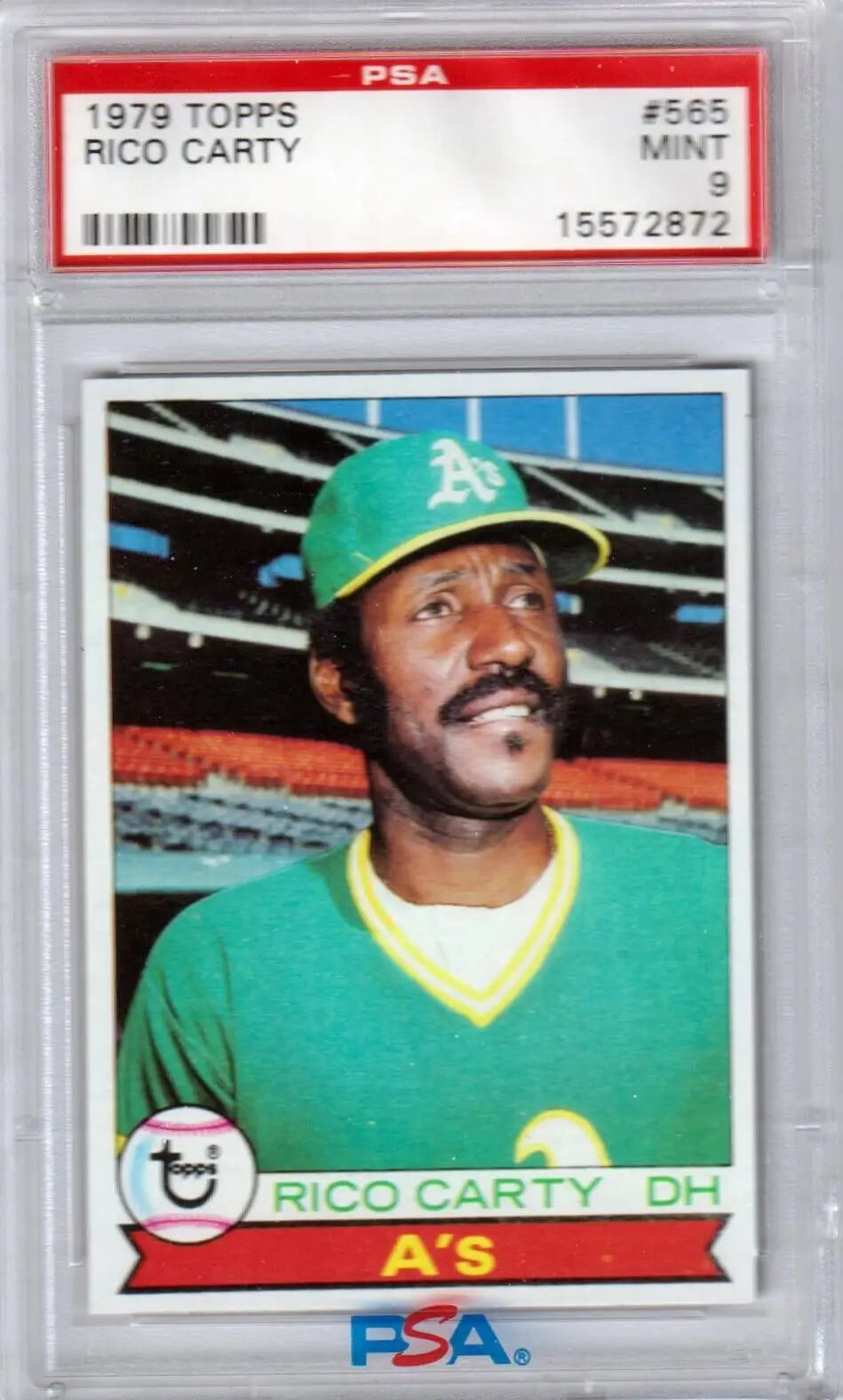 PSA-graded 1979 Topps Rico Carty Athletics baseball card in protective case from Columbia Hobby