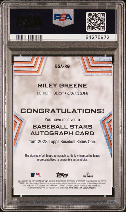 PSA-graded Riley Greene autograph on 2023 Topps Baseball Stars Auto authentication card