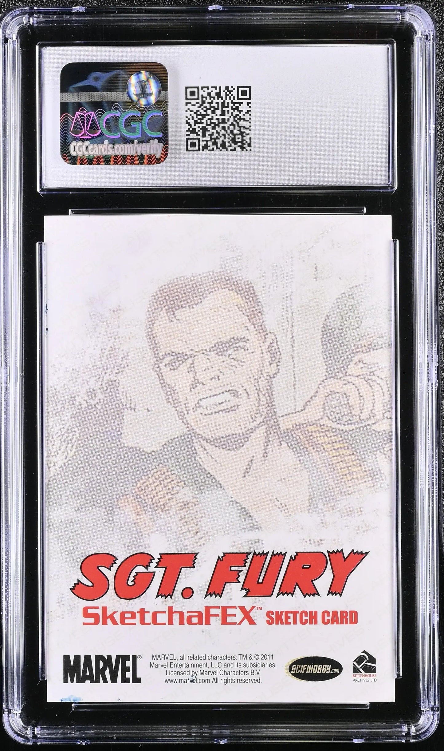 Graded Matt Glebe Sgt. Fury Sketch Card in protective case with QR code for trading cards