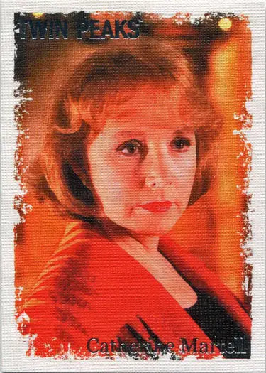 Portrait of a woman with reddish hair in red top, featured on Twin Peaks original stars trading card