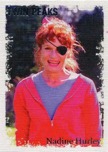 Woman with blonde hair in pink and purple top featured in Twin Peaks original stars trading card