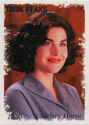 Portrait of a smiling woman in purple top featured in Twin Peaks original stars trading card