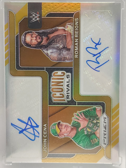 WWE trading card of John Cena and Roman Reigns, featuring Prizm Iconic Rivals Gold auto