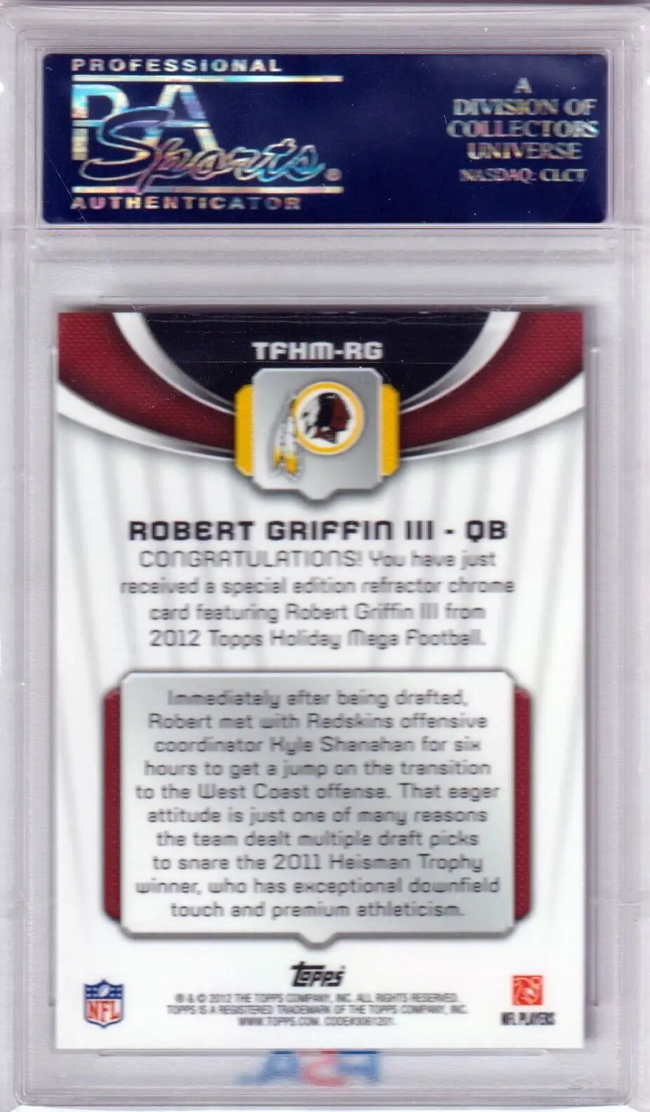 Back of Robert Griffin III NFL trading card with Redskins logo, ideal for single cards