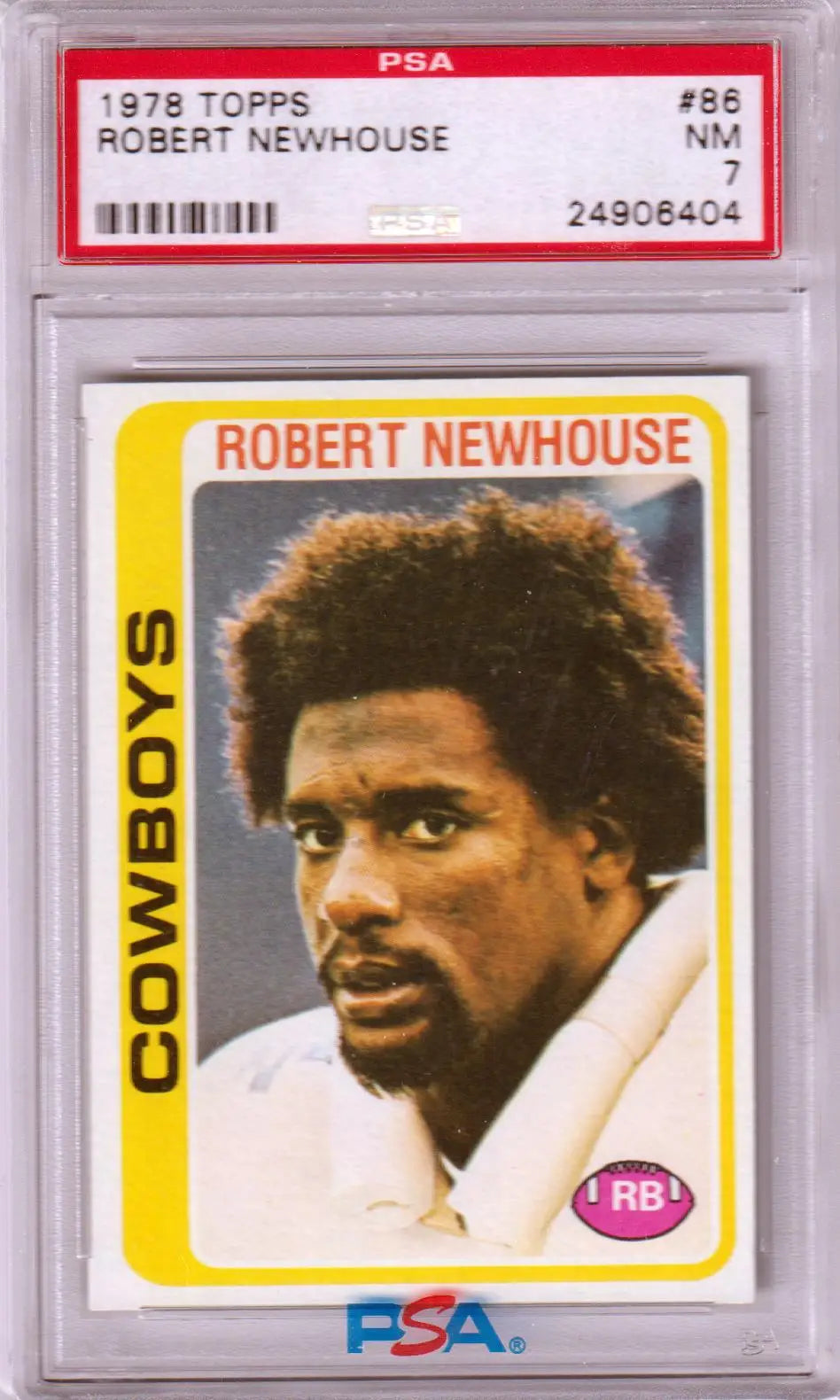 PSA-graded Robert Newhouse 1978 Topps #86 football card in protective case for collectors