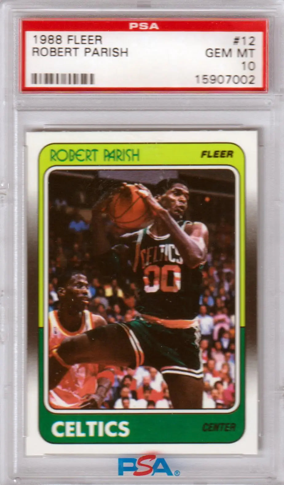 PSA-graded 1988 Fleer Robert Parish basketball card showcasing Celtics legend in action