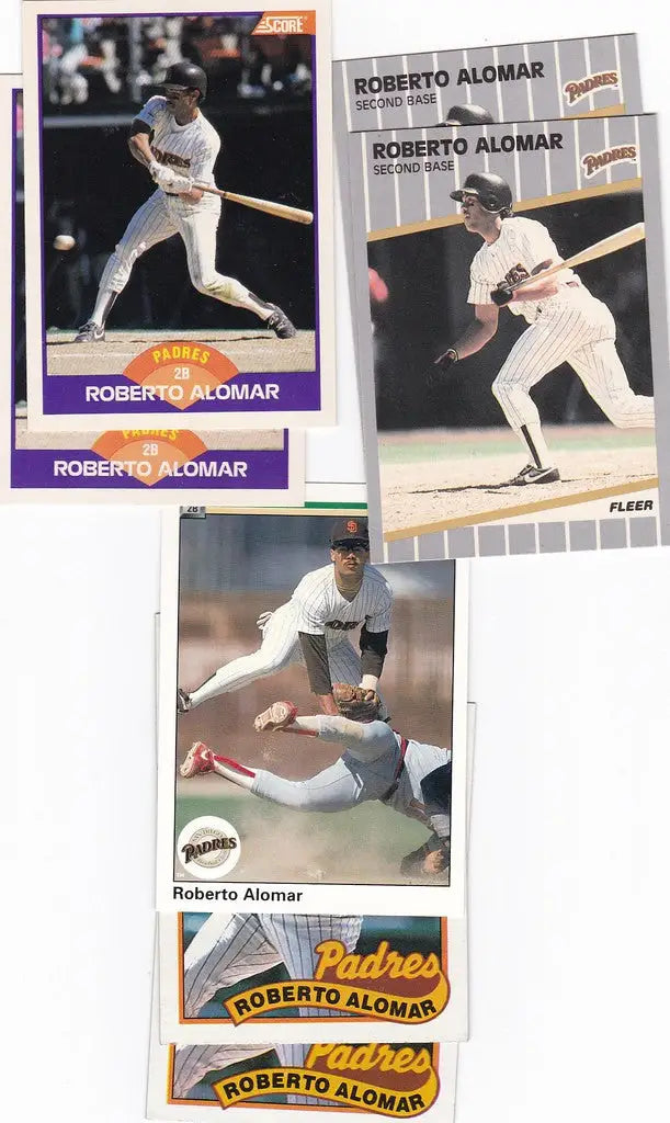 Collection of Roberto Alomar baseball cards from 1989-1990 San Diego Padres trading lot