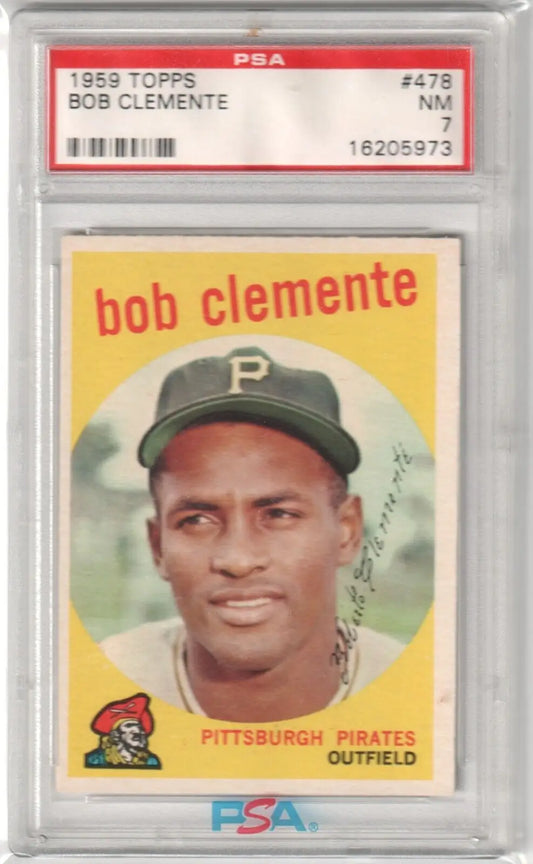 PSA-graded 1959 Topps Roberto Clemente baseball card in protective case from Columbia Hobby