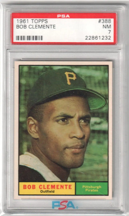 PSA-graded Roberto Clemente 1961 Topps #388 baseball card with Pirates cap available at Columbia Hobby