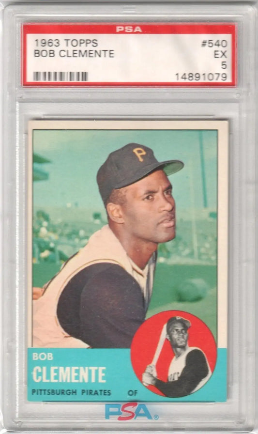 PSA-graded 1963 Topps Roberto Clemente baseball card, Pittsburgh Pirates, Columbia Hobby