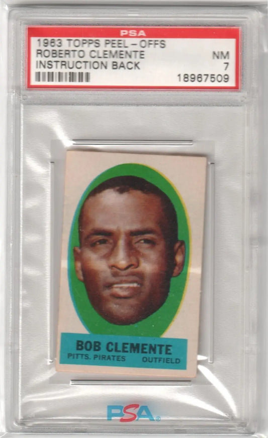 PSA-graded 1963 Topps Peel-Offs Roberto Clemente card in case available at Columbia Hobby