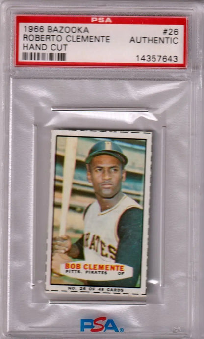 PSA-graded 1966 Bazooka Roberto Clemente #26 card in protective case, Columbia Hobby