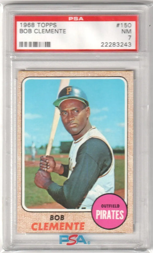 PSA-graded 1968 Topps Pirates baseball card of Roberto Clemente in a protective case