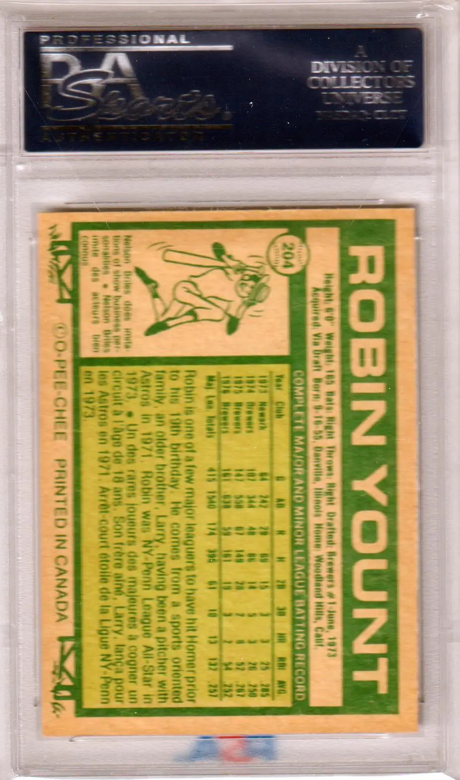 PSA-graded Robin Yount 1977 O-Pee-Chee trading card with green and yellow back design