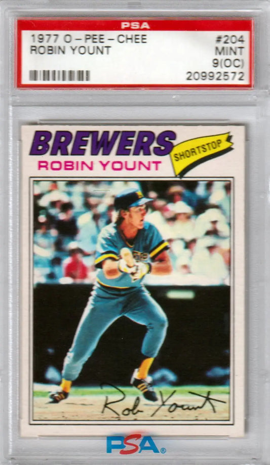 PSA-graded 1977 O-Pee-Chee Robin Yount baseball card in protective case from Columbia Hobby