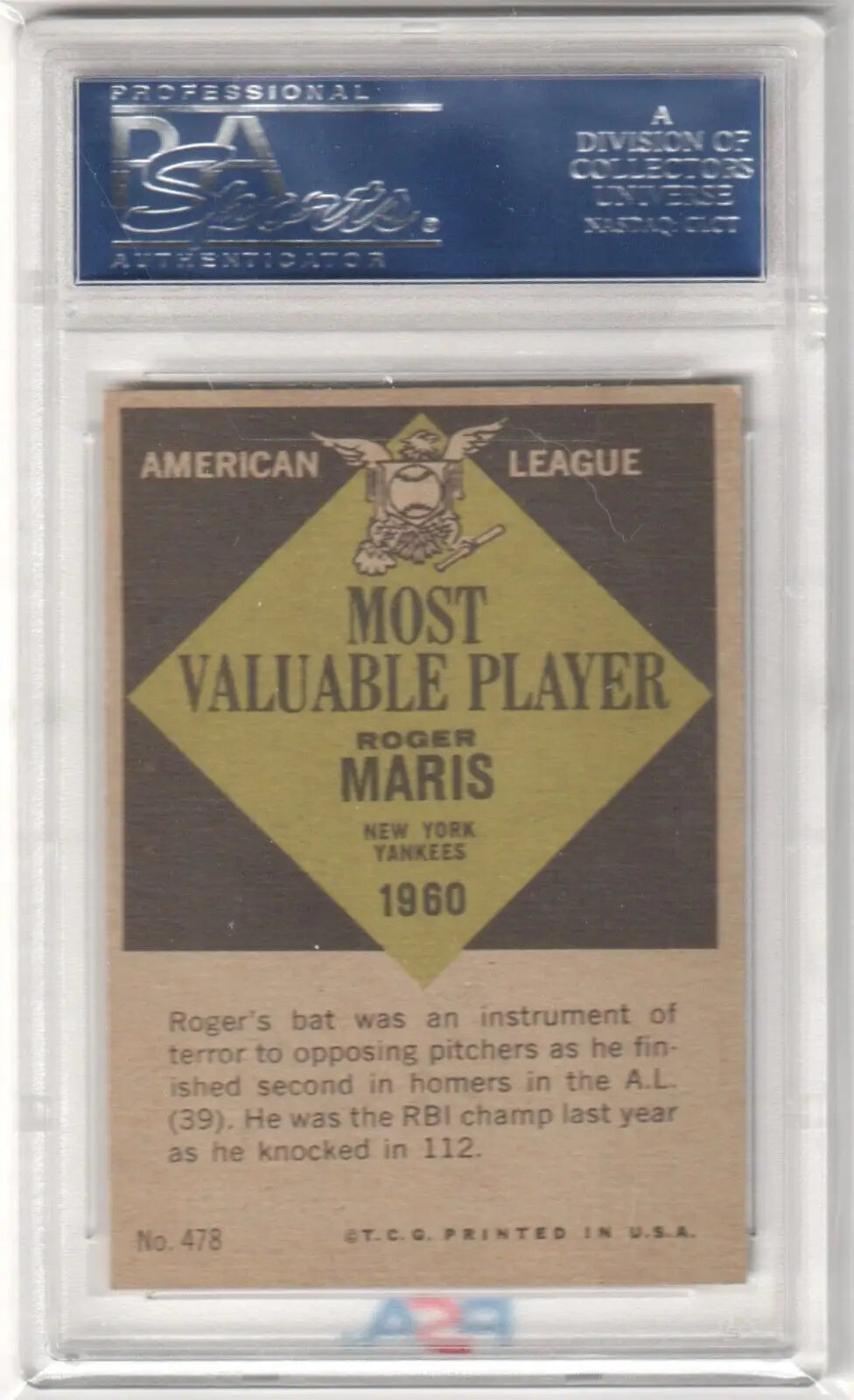 Baseball card in a protective case of Roger Maris 1961 Topps MVP for single cards