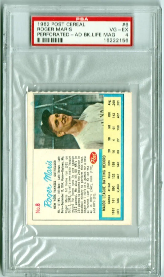 PSA-graded ROGER MARIS 1962 baseball card in protective holder from Columbia Hobby, box free shipping