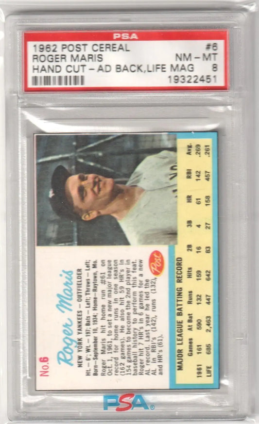 PSA-graded 1962 Post Cereal Roger Maris baseball card in holder, Columbia Hobby single cards