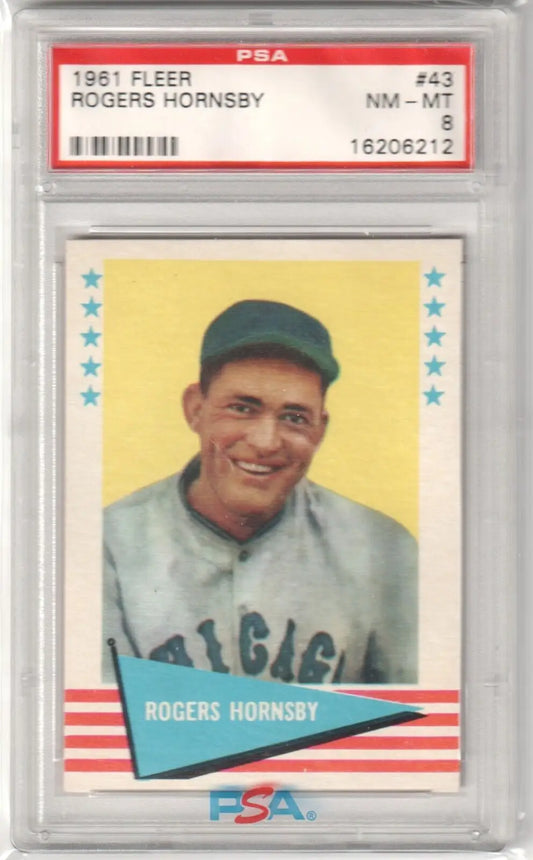 PSA-graded 1961 Fleer Rogers Hornsby baseball card featuring Cubs player, gray uniform