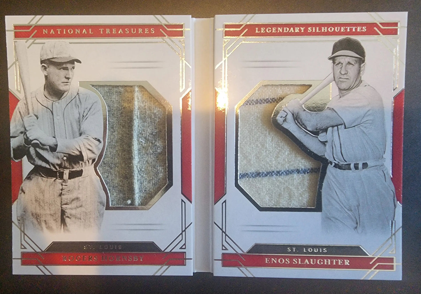 Two vintage baseball trading cards showcasing Rogers Hornsby Enos Slaughter in classic uniforms