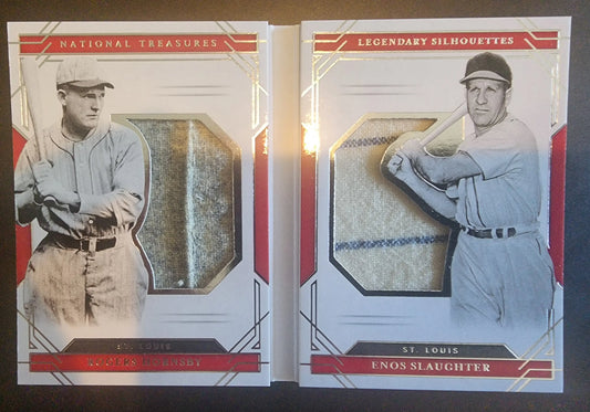 Two vintage baseball trading cards showcasing Rogers Hornsby Enos Slaughter in classic uniforms