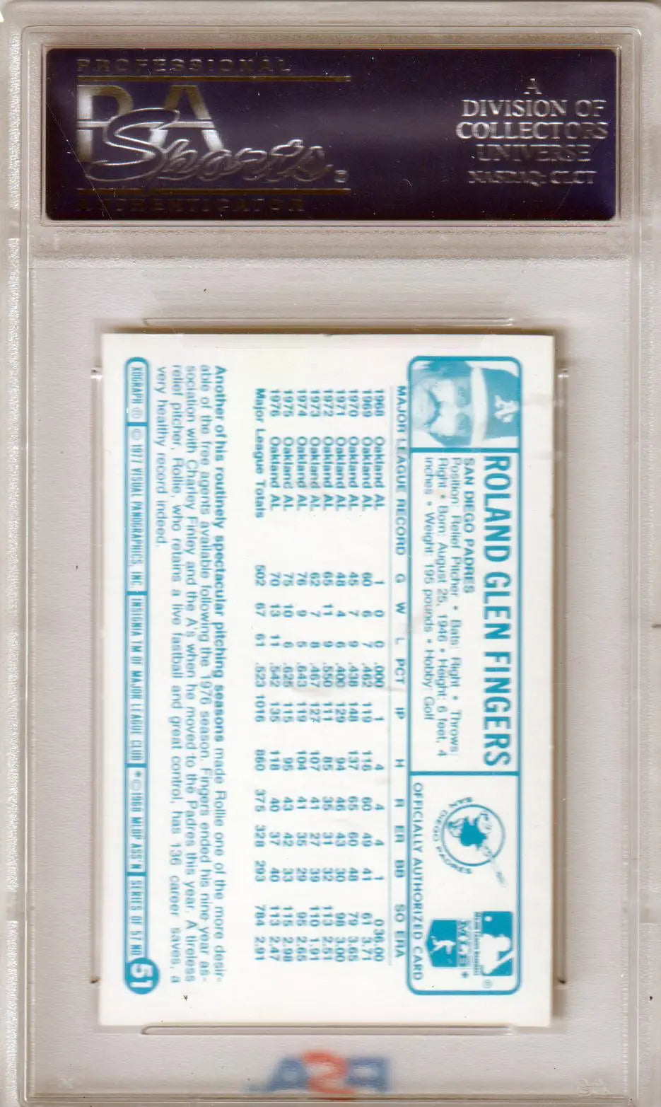 PSA graded card holder with Rollie Fingers 1977 Kellogg’s Super Stars trading card