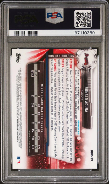 PSA-graded Ronald Acuna Jr. 2017 Bowman Chrome Draft Purple Refractor #107/250 back side