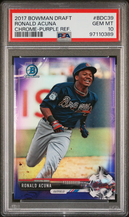 PSA graded Ronald Acuna Jr. 2017 Bowman Chrome Draft Purple Refractor in a case