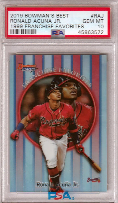 PSA 10 Ronald Acuna Jr. 2019 Bowman’s Best Franchise Favorites baseball card in red Braves uniform