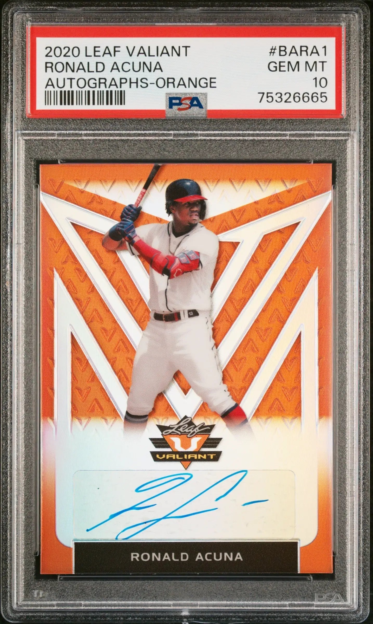 PSA 10 Gem Mint Ronald Acuna Jr. Leaf Valiant Orange Auto card with geometric design