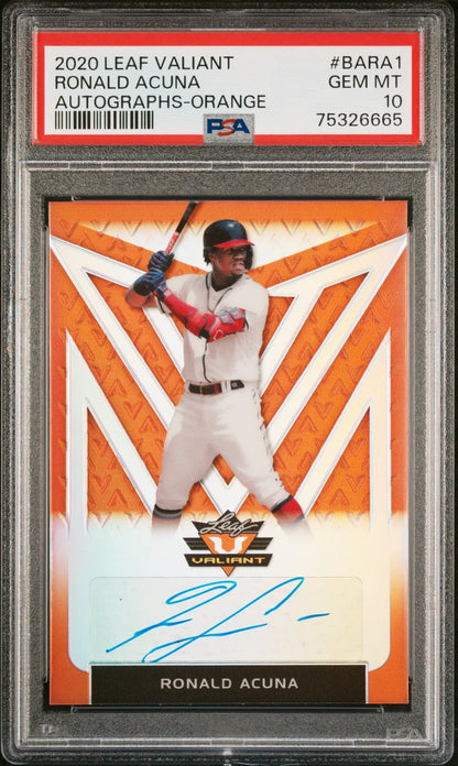 PSA 10 Gem Mint Ronald Acuna Jr. Leaf Valiant Orange Auto card with geometric design