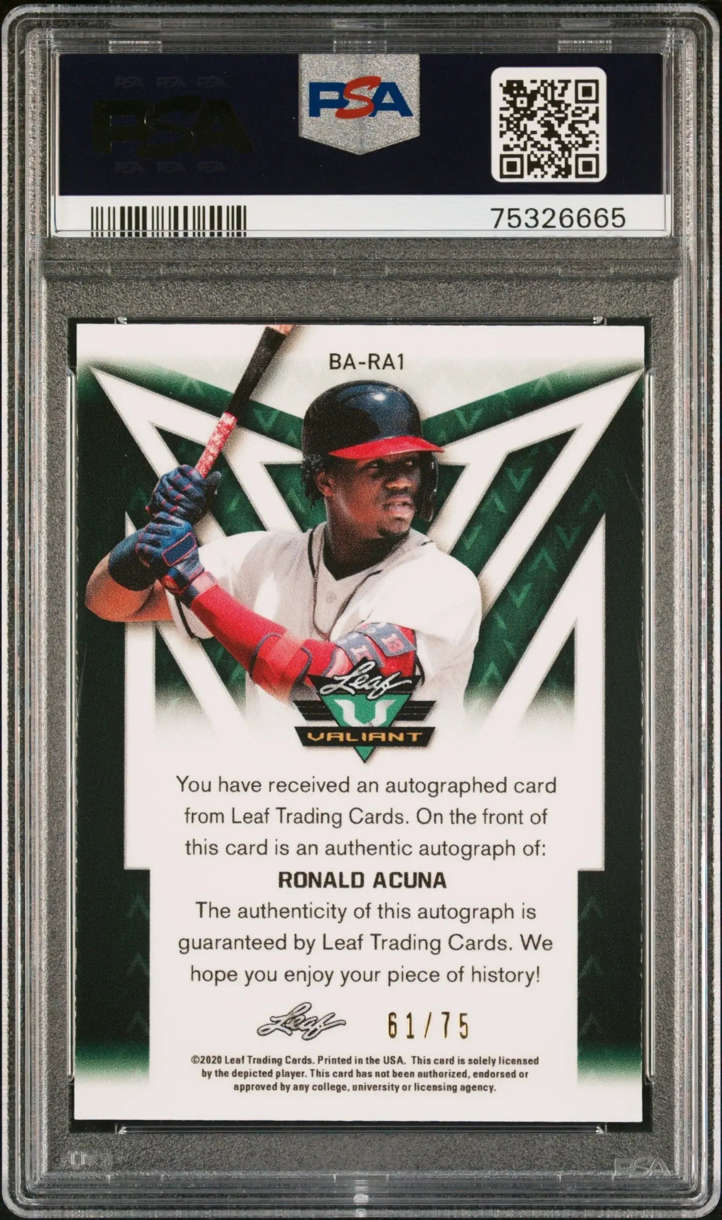 PSA-graded Ronald Acuna Jr. 2020 Leaf Valiant Orange Auto #61/75 in batting stance