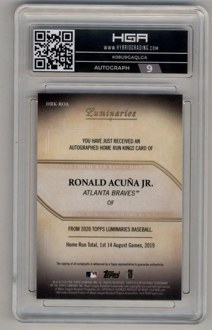 Baseball card of Ronald Acuna Jr 2020 Luminaries Home Run Kings Red Auto in case