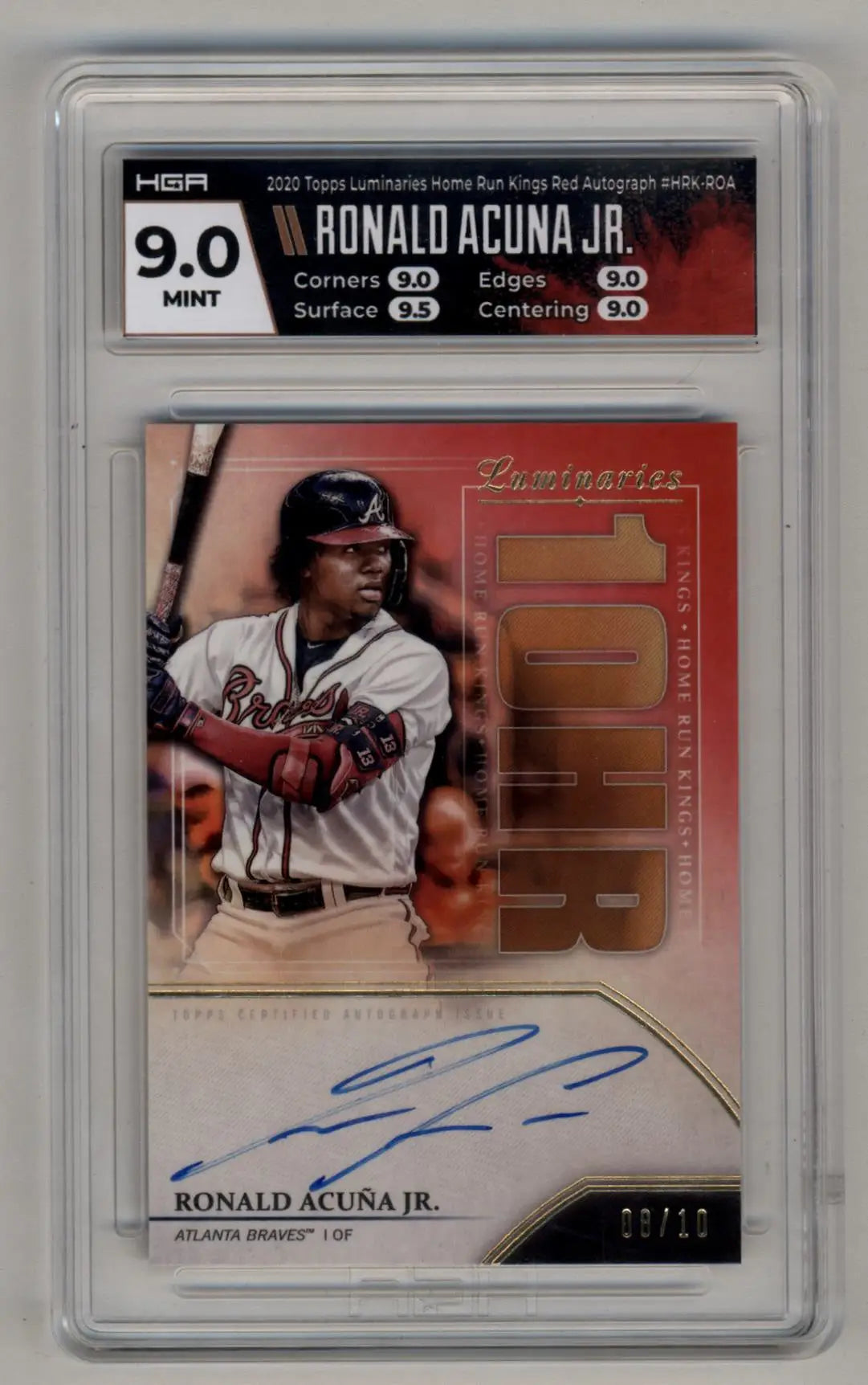 Graded baseball card of Ronald Acuna Jr, Luminaries Home Run Kings Red Auto HGA 9