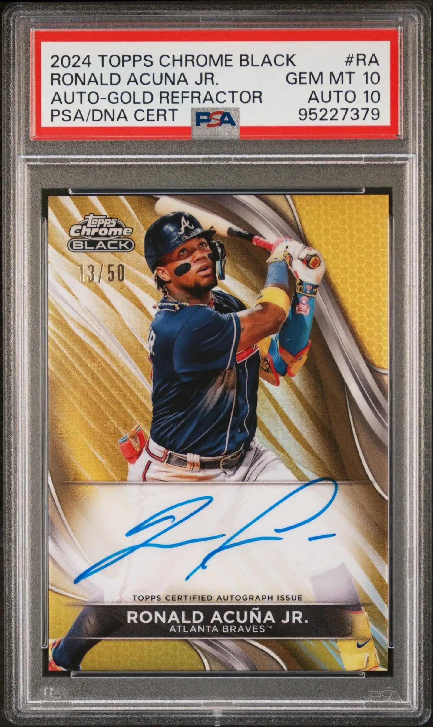 PSA-graded Ronald Acuna Jr. 2023 Topps Chrome Black Gold Refractor Auto on gold background