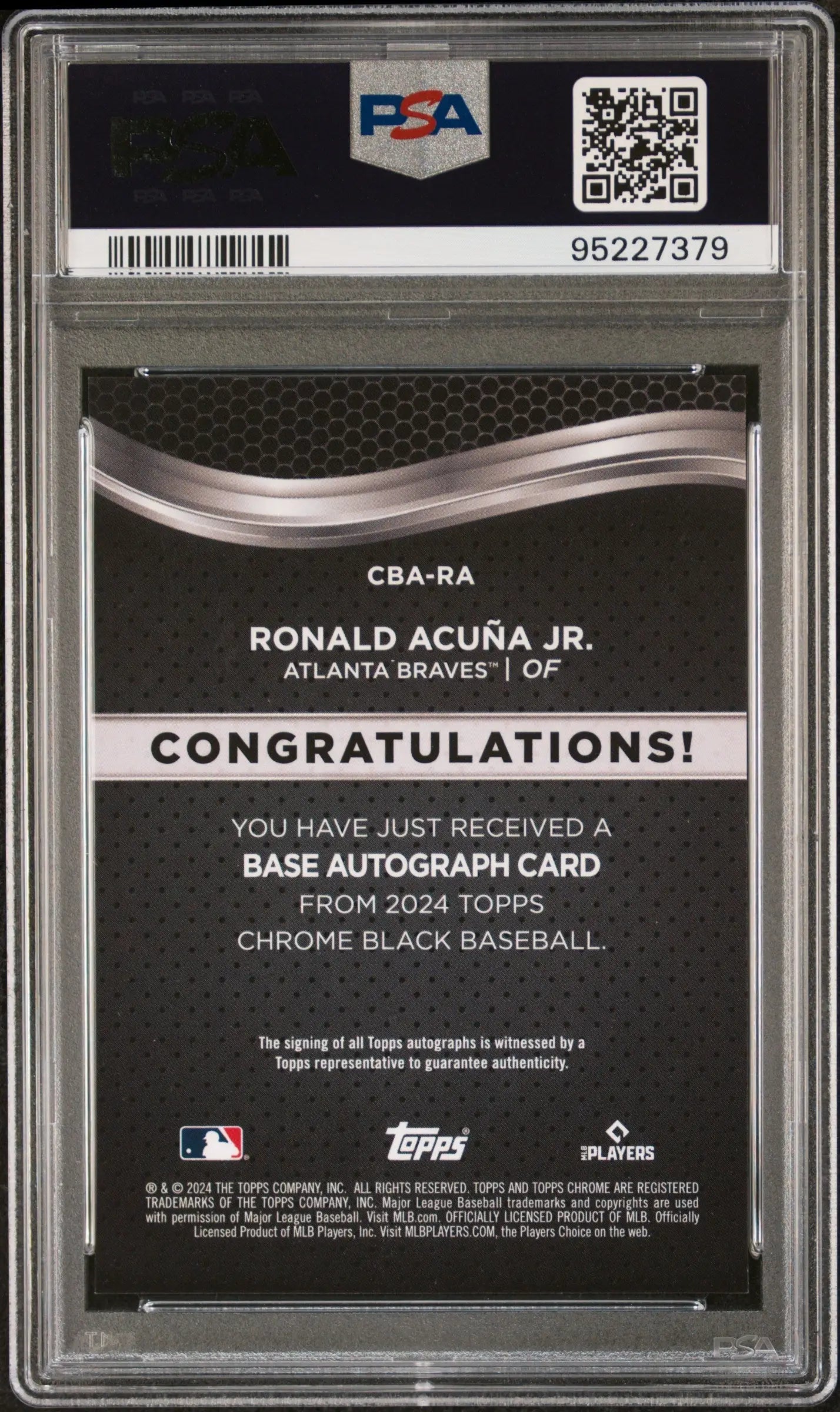 Back side of PSA-graded Ronald Acuna Jr. 2023 Topps Chrome Black Gold Refractor Auto Card