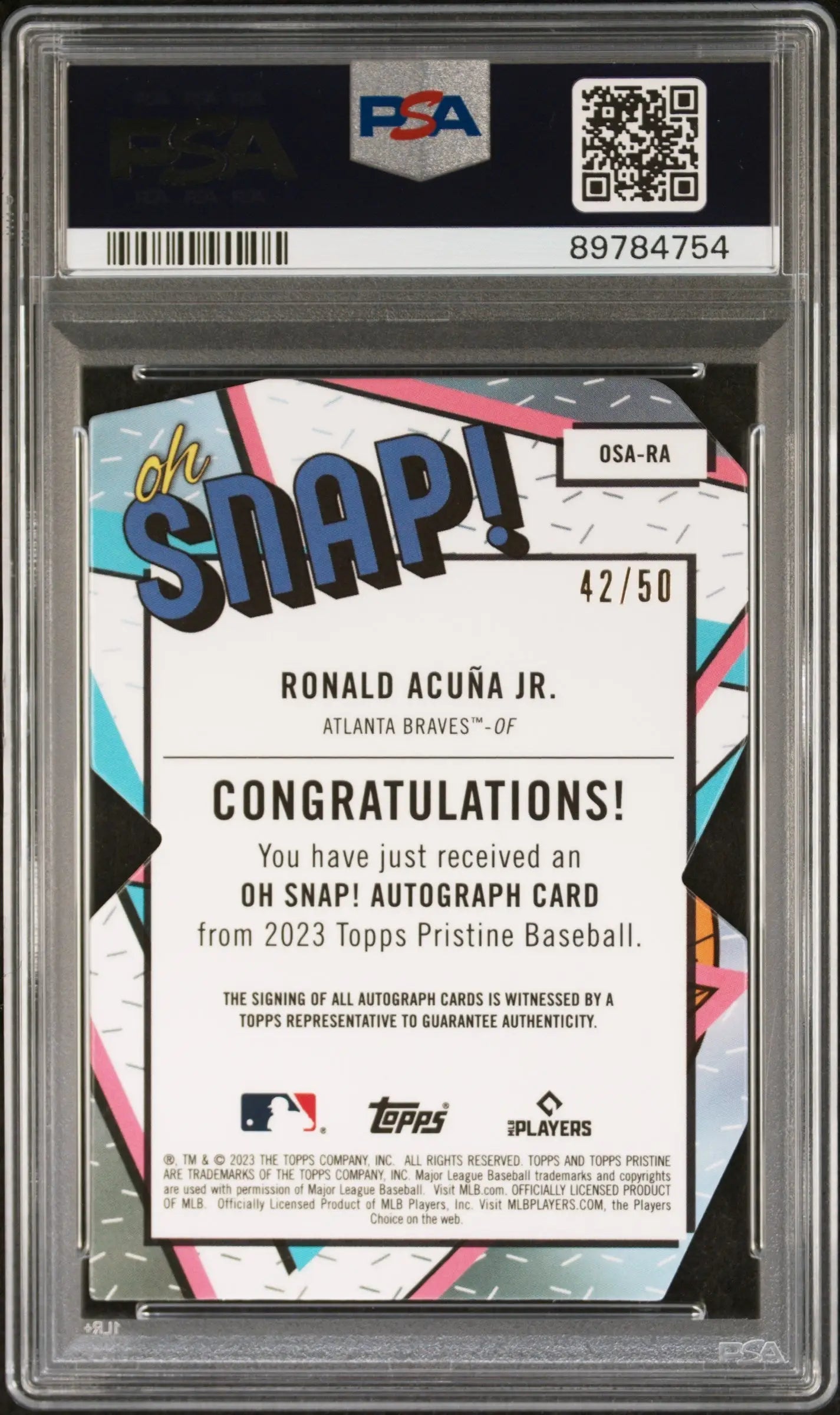 PSA-graded Ronald Acuna Jr. Topps Pristine Snap Gold Auto #42/50 baseball card