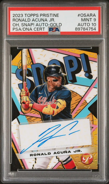 PSA-graded Ronald Acuna Jr. 2023 Topps Pristine Snap Gold Auto #42/50 with comic illustration